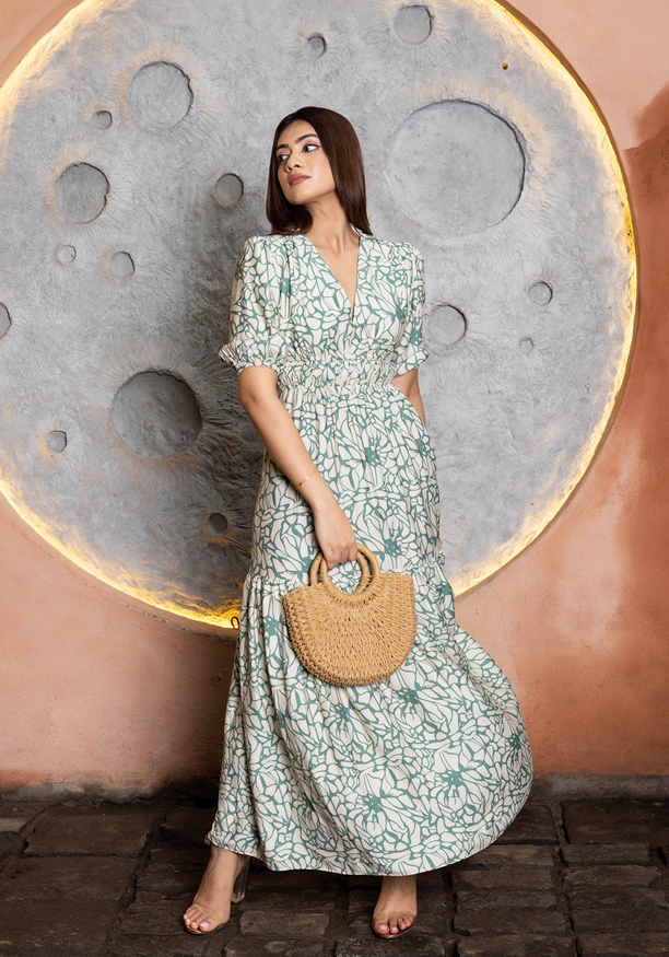 NOVA GREEN AND WHITE PRINTED DRESS